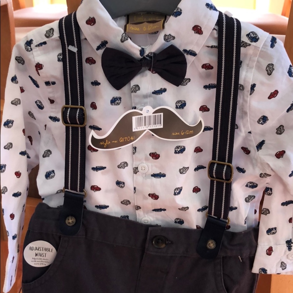 Baby pants, body suit and suspender outfit.